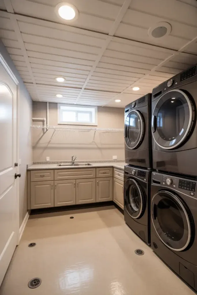 windowless basement laundry room
